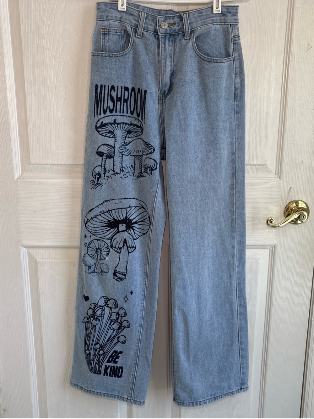 Light Blue Wide-Leg Jeans with Black Mushroom Graphic